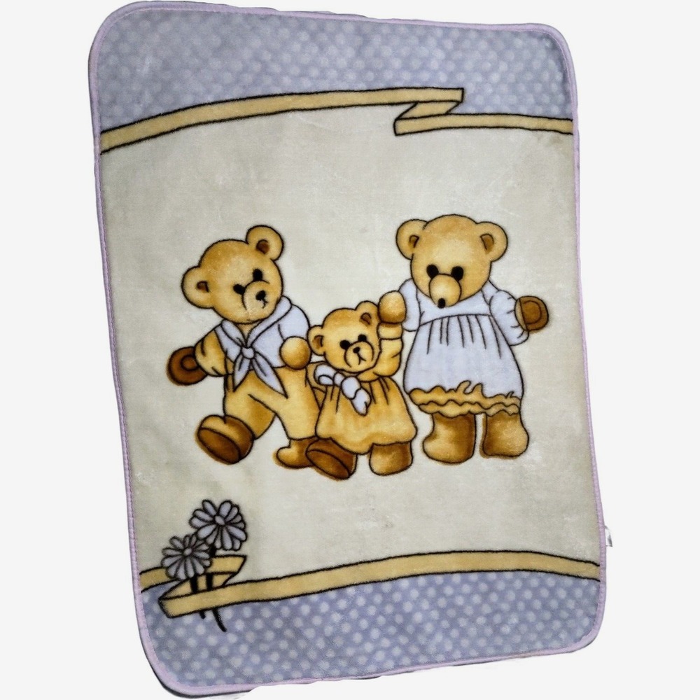 Vina Baby Blanket Purple Bear Mom Dad Daughter Polka Dot htf 40x56 Thick Fleece‎